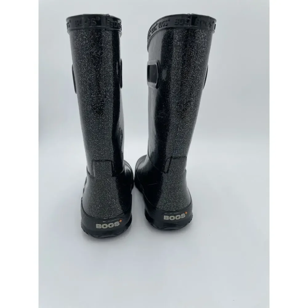 Bogs K NBT Glitter Boots Kids Size 11 Black Waterproof Rain Pull On Mid Calf